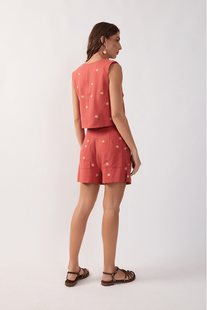 Short Linho Fenda Bordado Lurex Sol