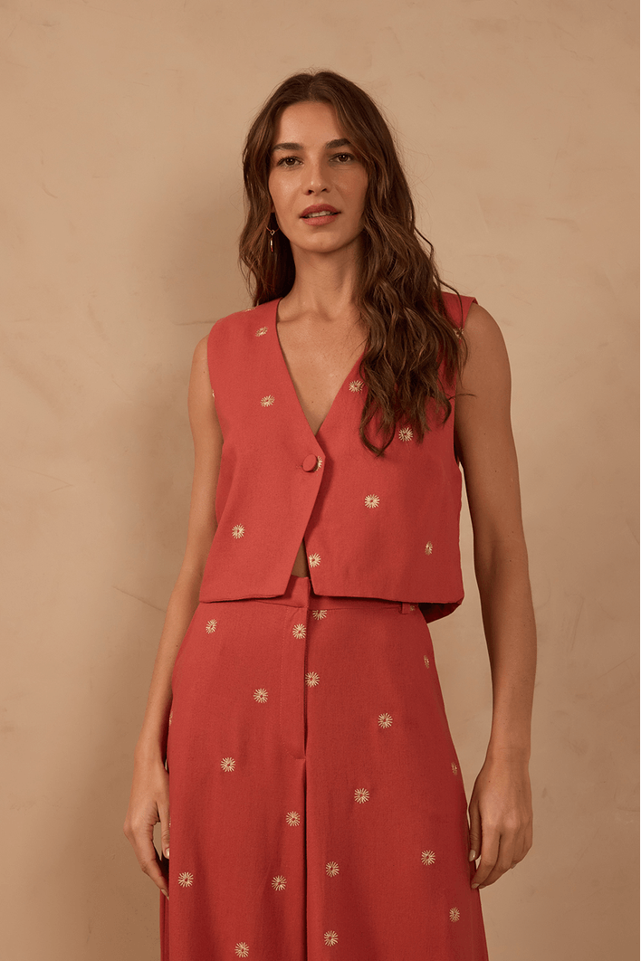 Colete Linho Bordado Lurex Sol