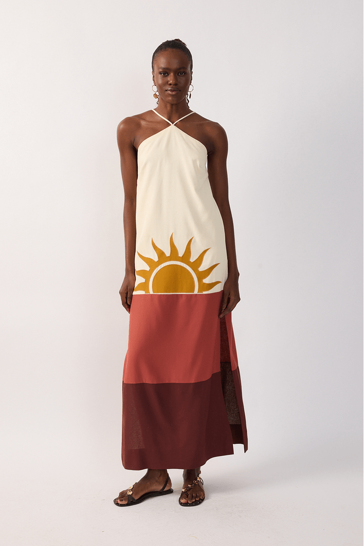 Vestido Cropped Linho Bordado Pôr do Sol