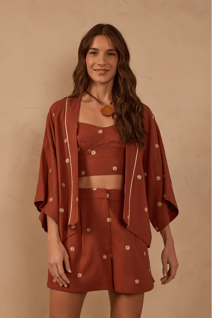 Kimono Linho Bordado Lurex Sol