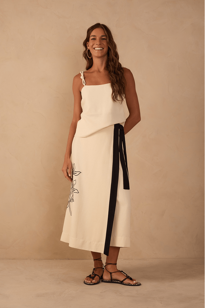 Saia Midi Linho Bordado Floral