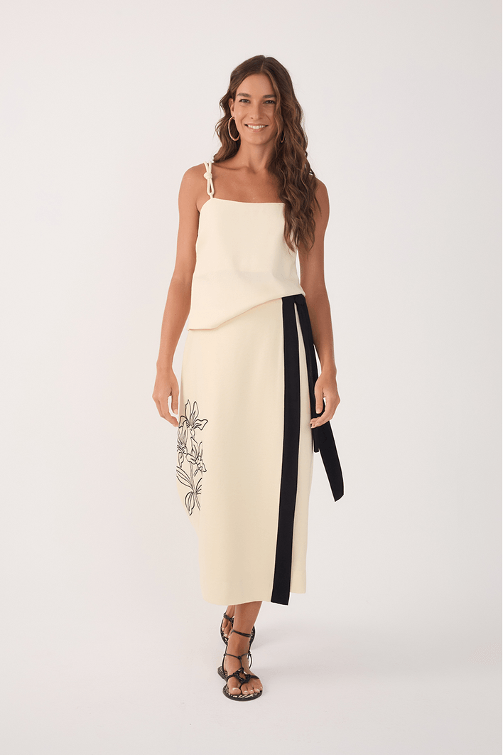 Saia Midi Linho Bordado Floral