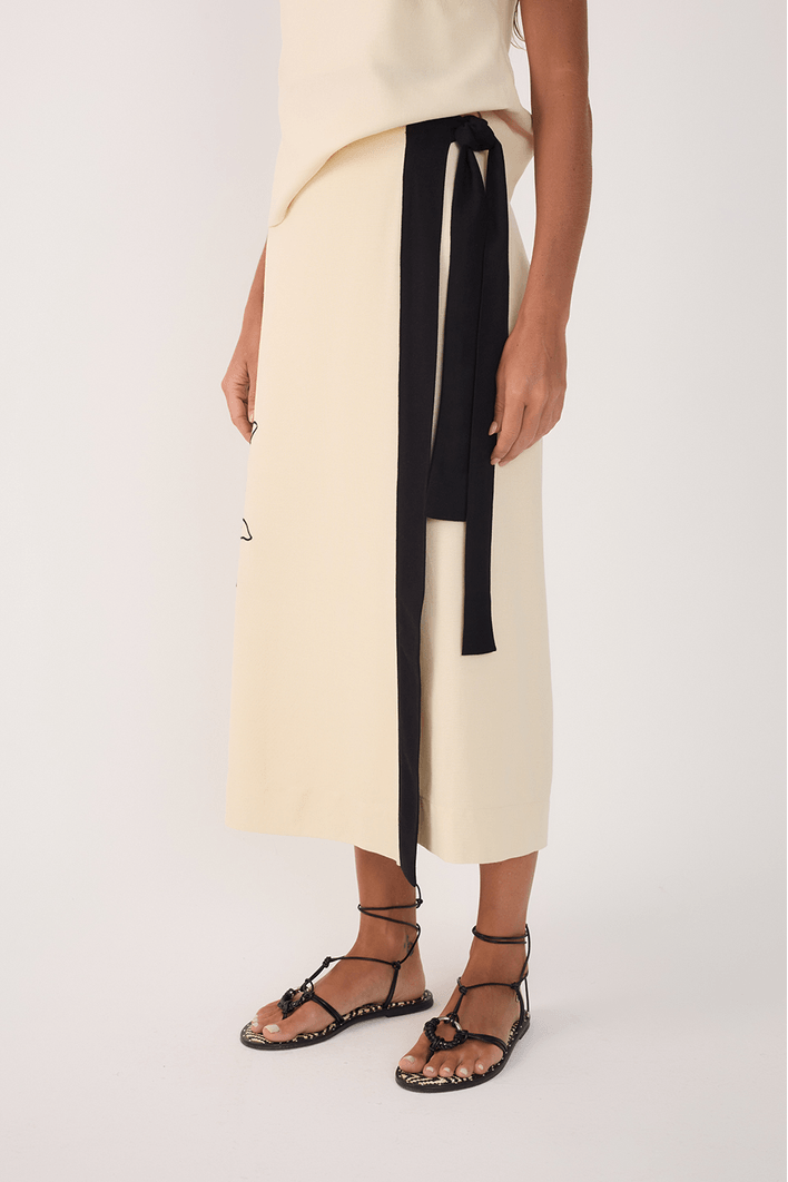 Saia Midi Linho Bordado Floral