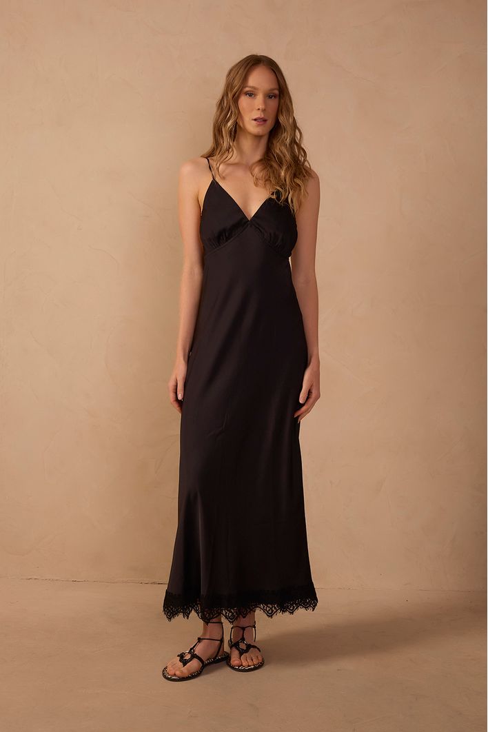 Vestido Cetim Com Renda