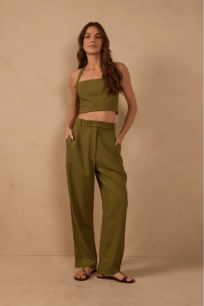 Calça Linho Cenoura Cós Botão