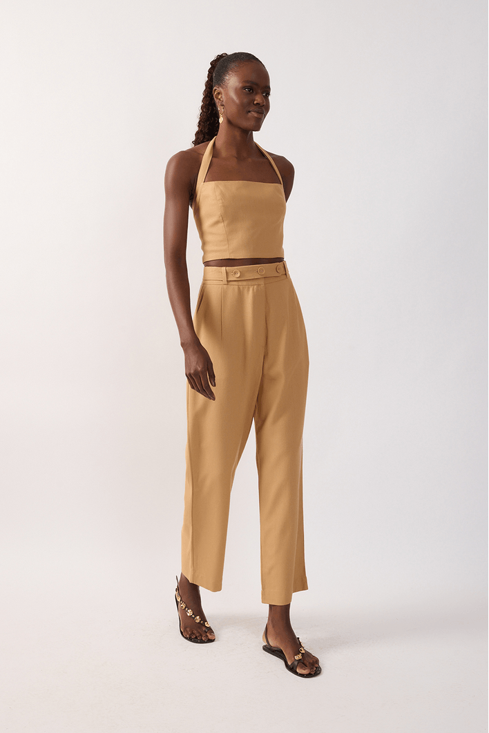 Calça Linho Cenoura Cós Botão