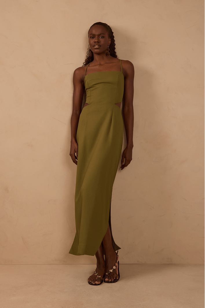 Vestido Midi Linho Trapézio