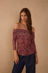 Blusa Ombro A Ombro Tule Estampa Felina