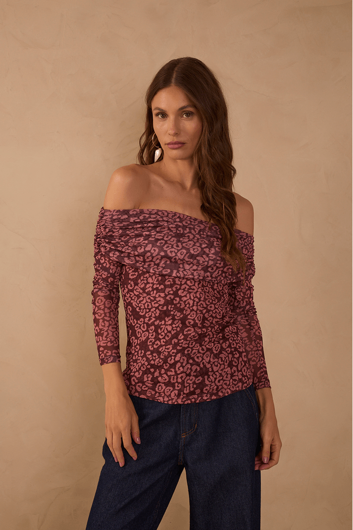 Blusa Ombro A Ombro Tule Estampa Felina