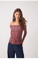 Blusa Ombro A Ombro Tule Estampa Felina