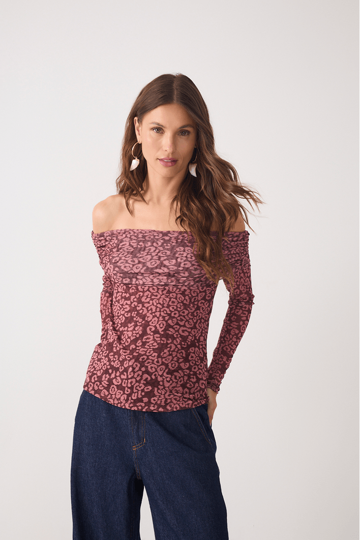 Blusa Ombro A Ombro Tule Estampa Felina