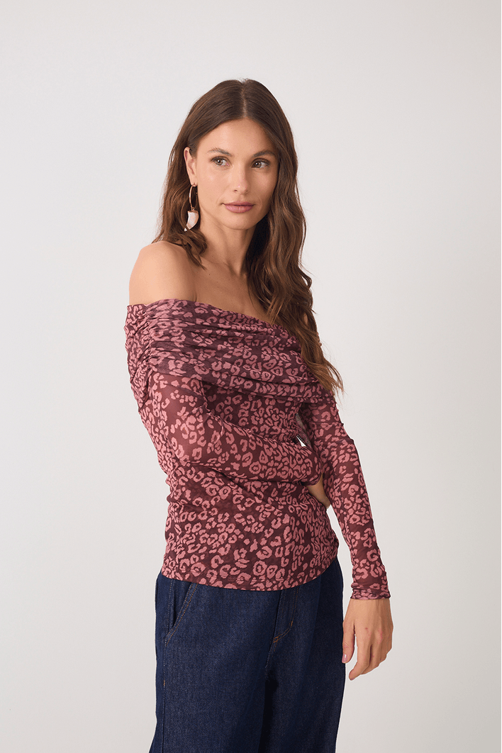Blusa Ombro A Ombro Tule Estampa Felina