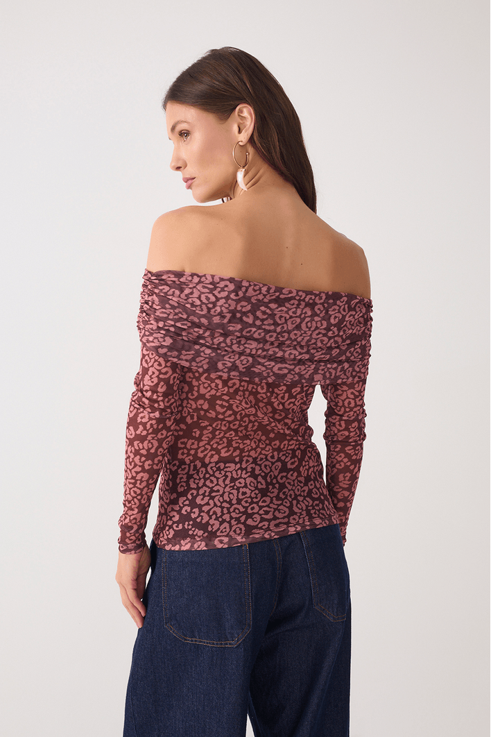 Blusa Ombro A Ombro Tule Estampa Felina