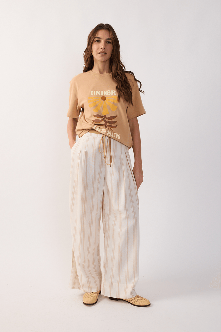 Calça Linho Listrado Cadarço Cós