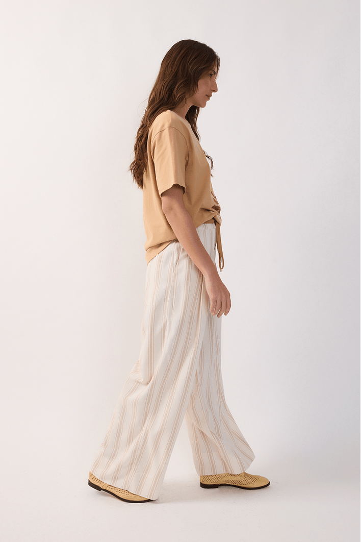 Calça Linho Listrado Cadarço Cós