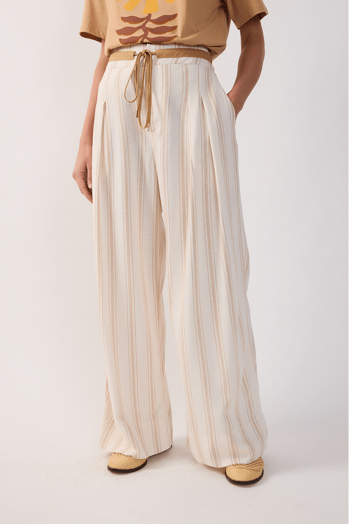 Calça Linho Listrado Cadarço Cós