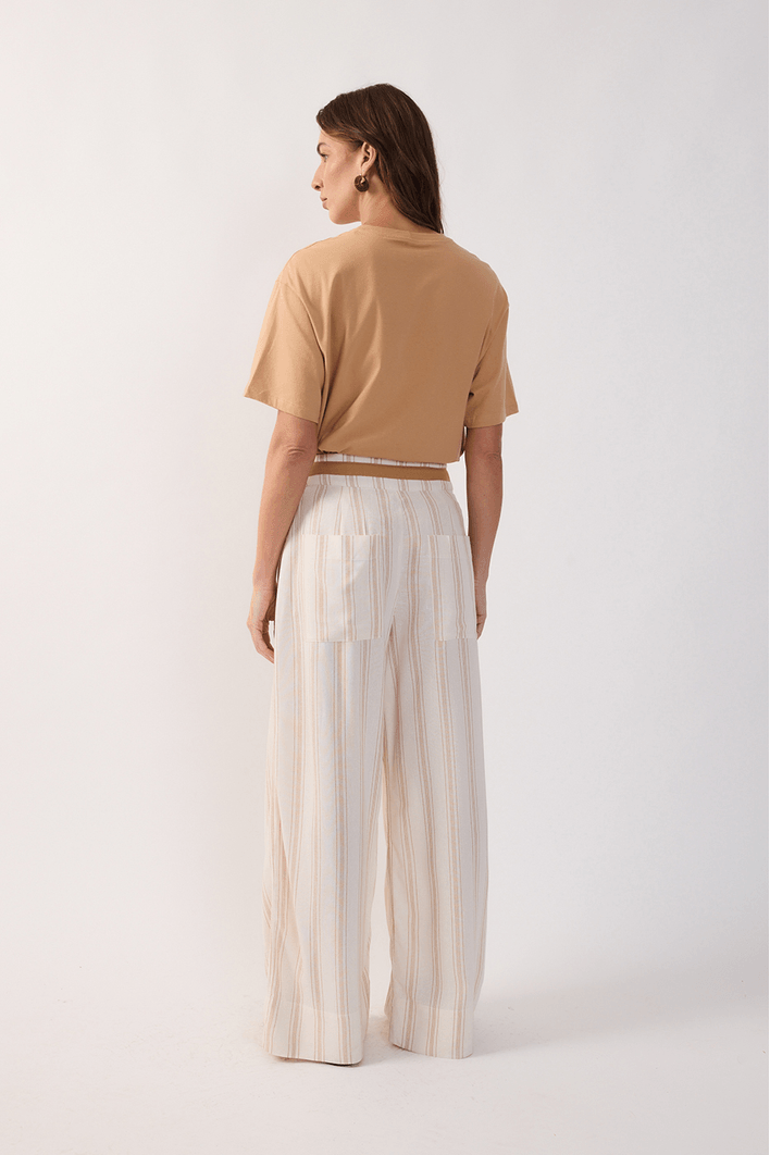 Calça Linho Listrado Cadarço Cós