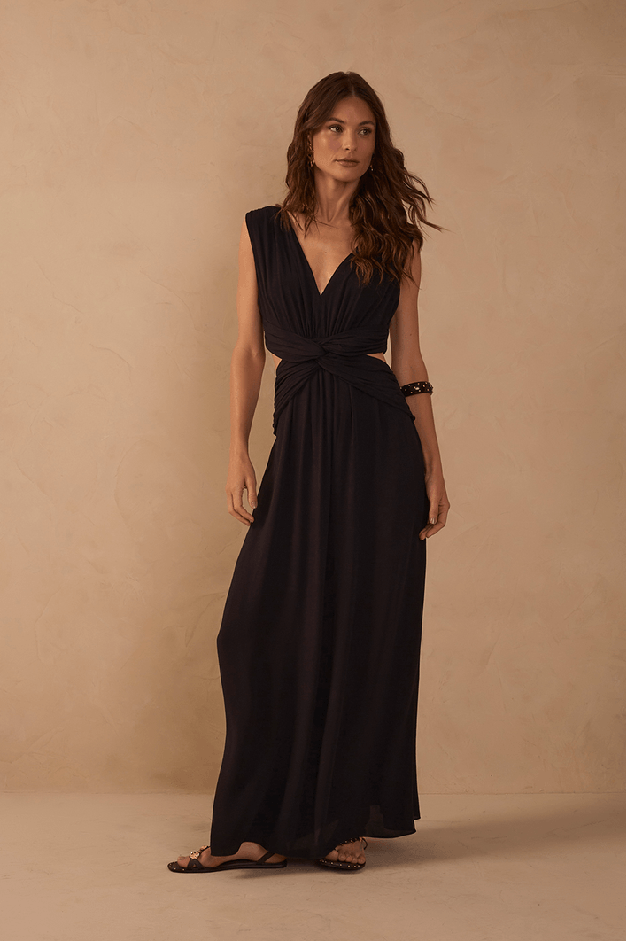 Vestido Longo Crepe Frente Torcida