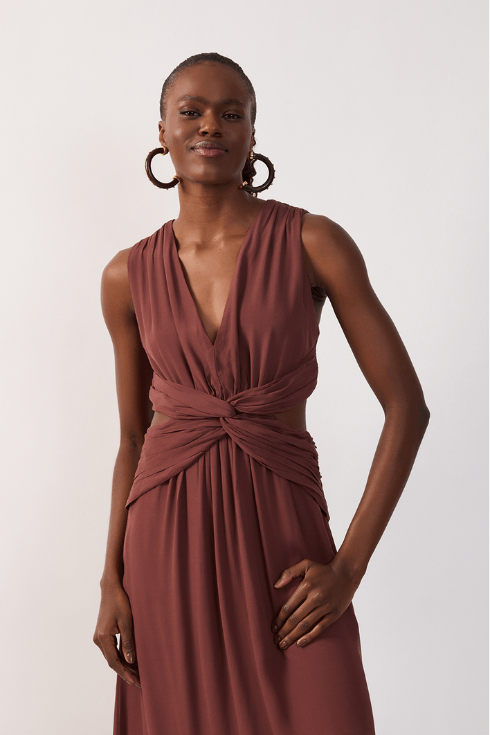 Vestido Longo Crepe Frente Torcida