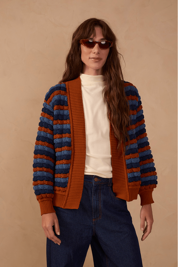 Casaco Tricot Listras Denim