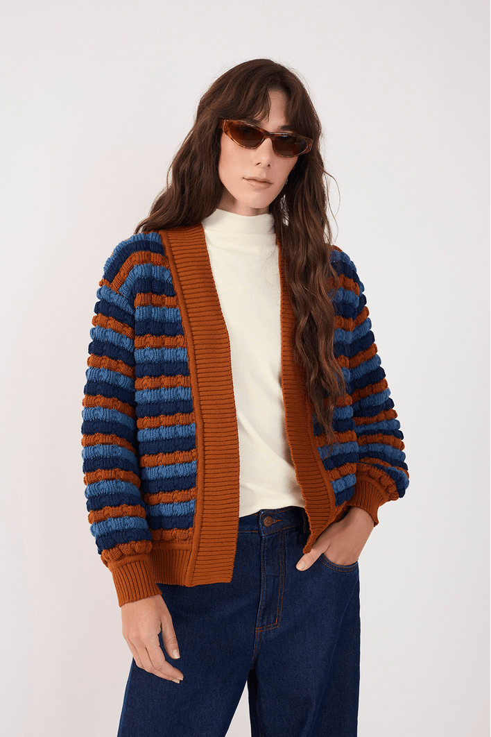 Casaco Tricot Listras Denim