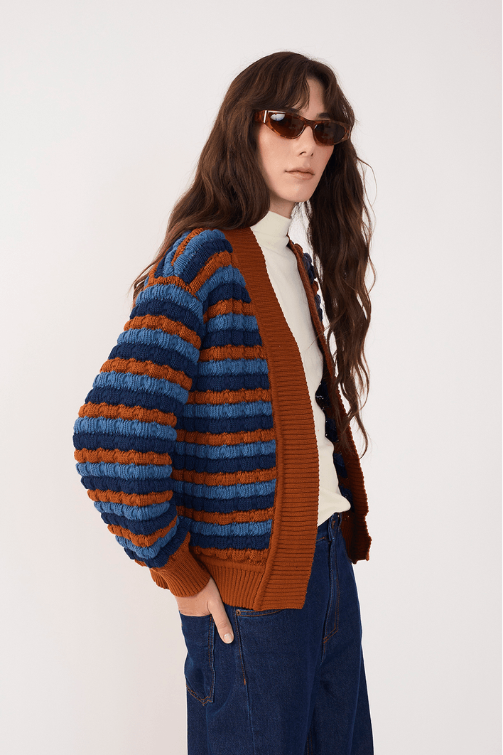 Casaco Tricot Listras Denim