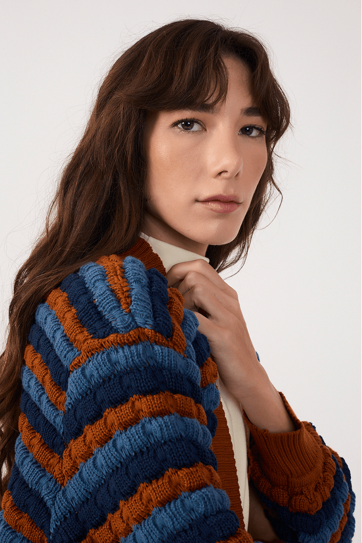 Casaco Tricot Listras Denim