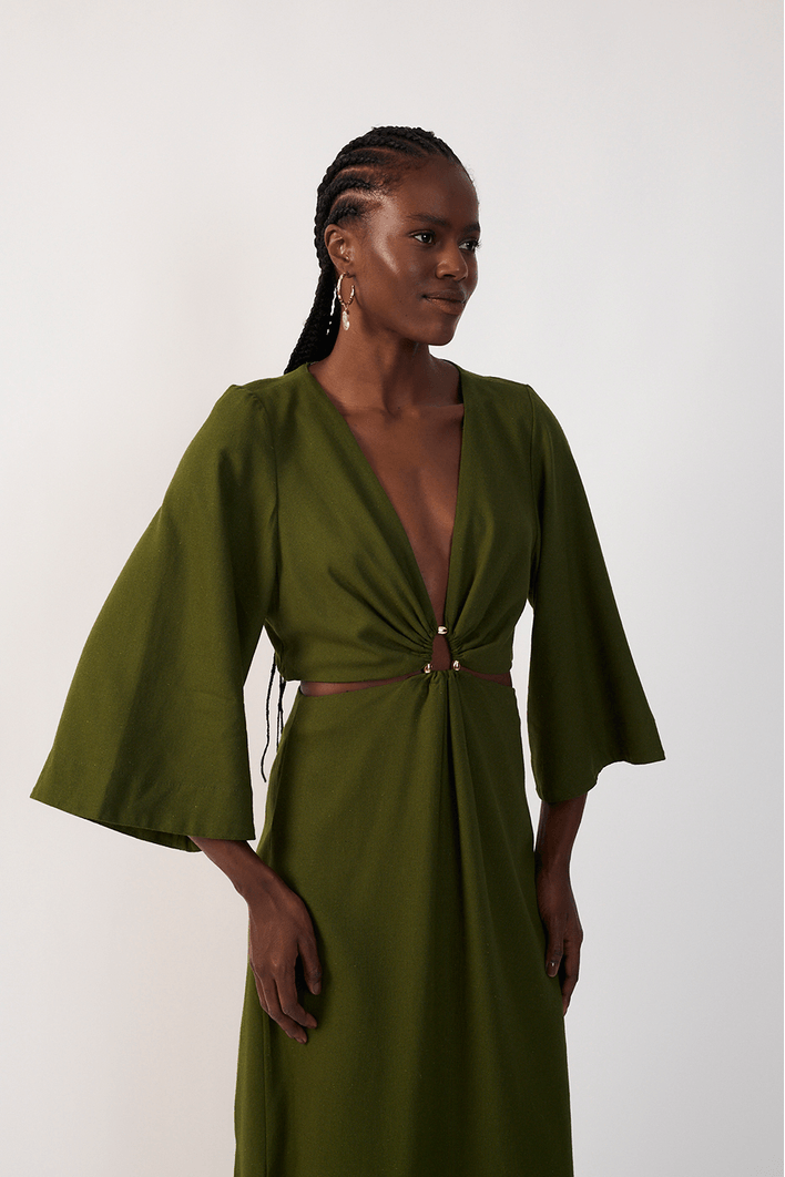 Vestido Cropped Linho Decote Vazado