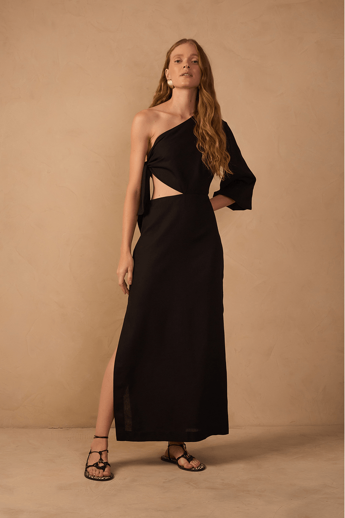 Vestido Linho Amarração Ombro Só
