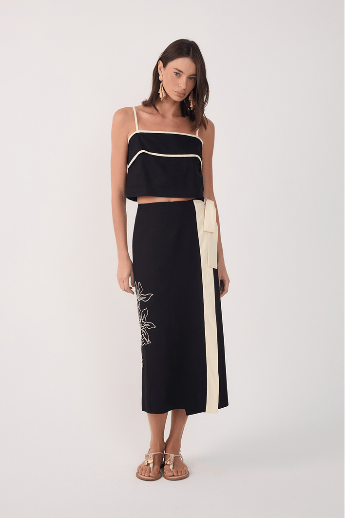 Saia Midi Linho Bordado Floral