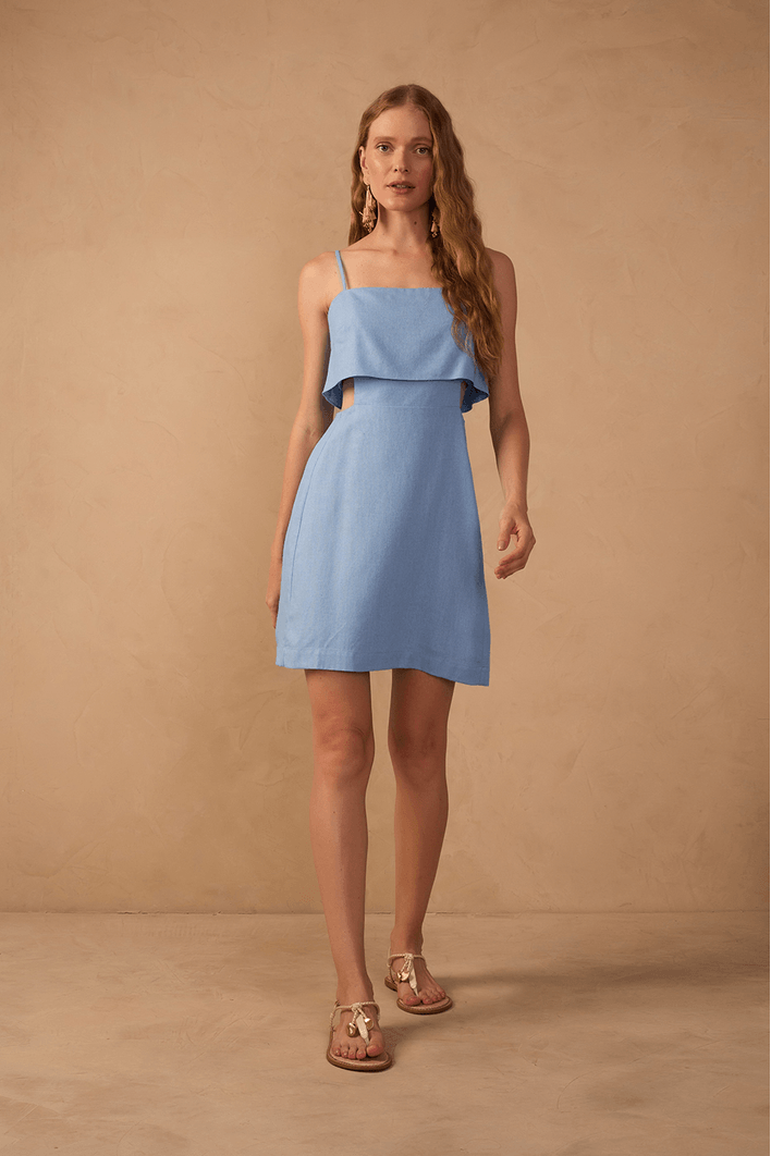 Vestido Curto Linho Recorte Lateral