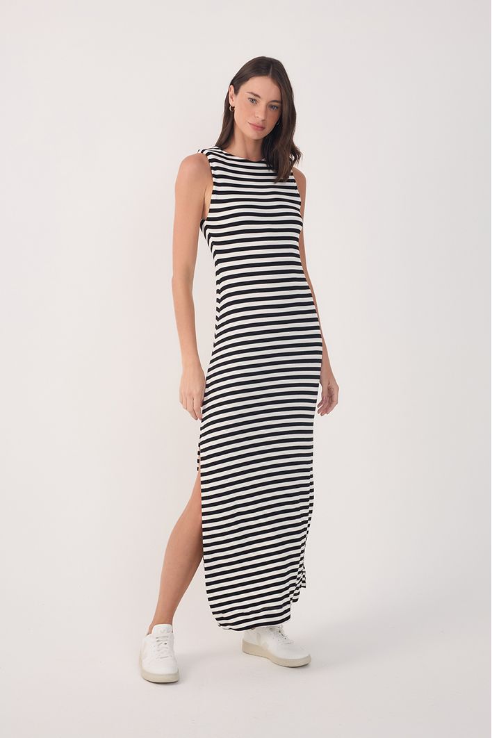 Vestido Ombreira Listrado Longo