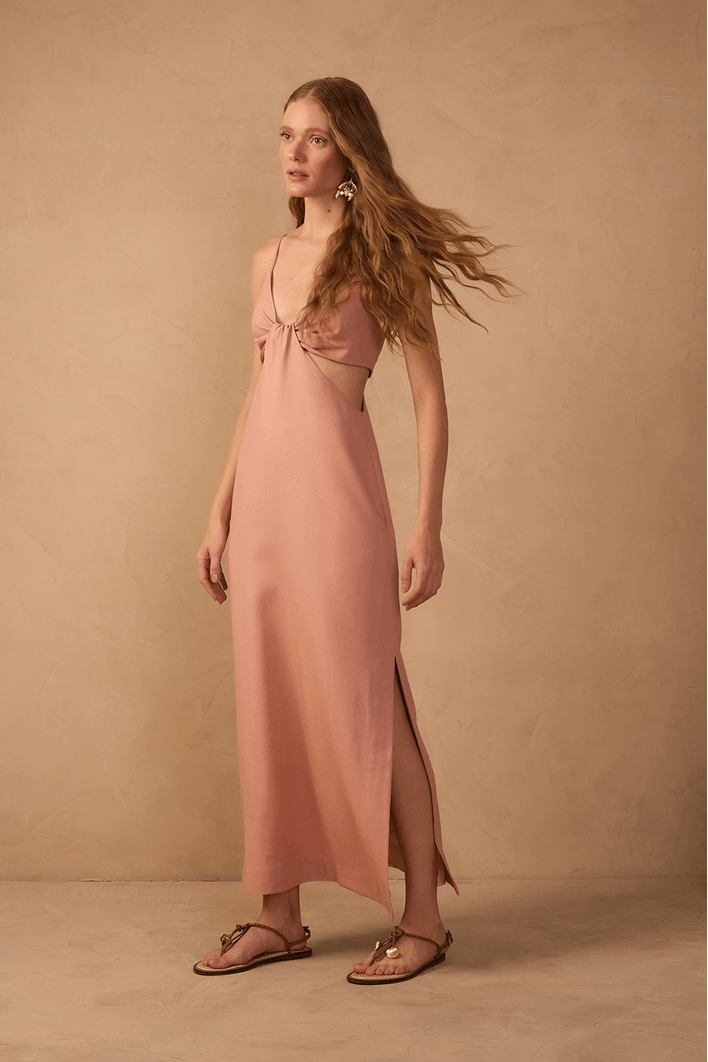 Vestido Linho Cropped Recorte Lateral