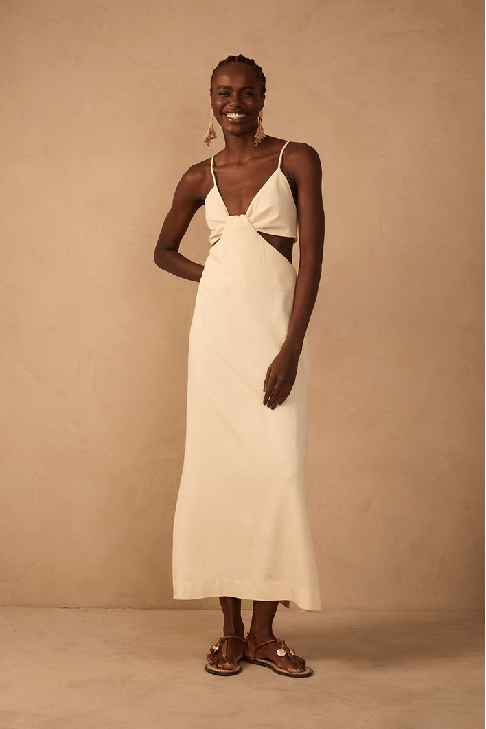 Vestido Linho Cropped Recorte Lateral