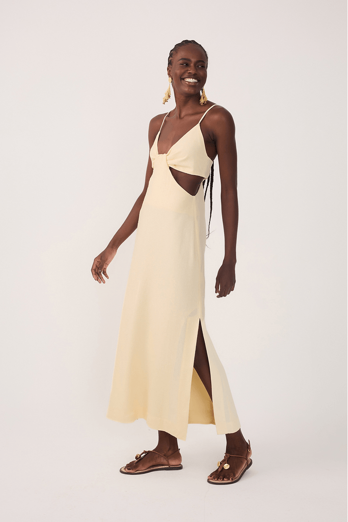 Vestido Linho Cropped Recorte Lateral
