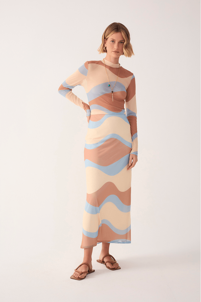 Saia Cropped Tule Estampa Oceano