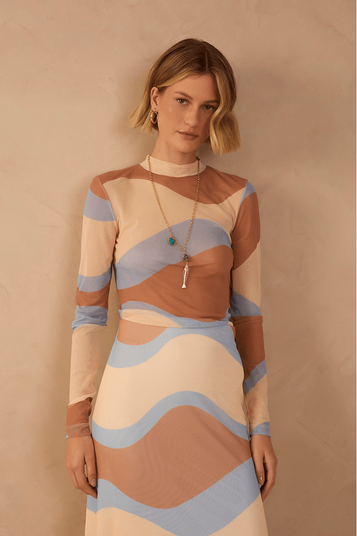 Blusa Segunda Pele Tule Estampa Oceano
