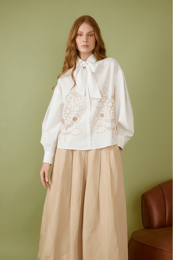 Camisa Algodão Bordada Com Pregas