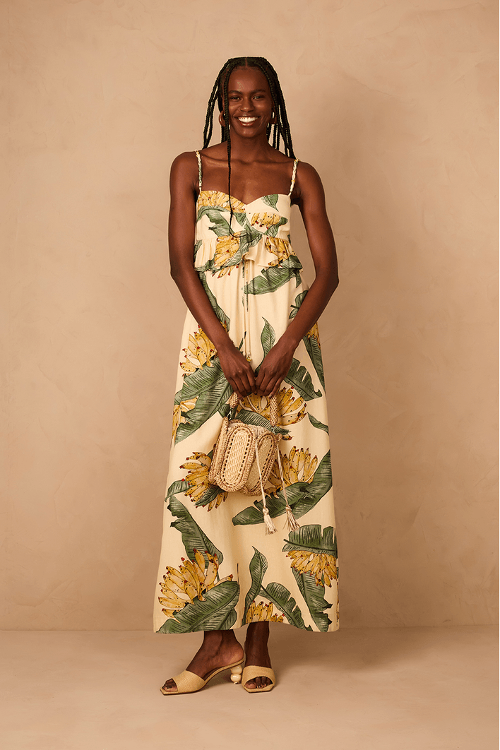 Vestido Midi Linho Estampa Paradise