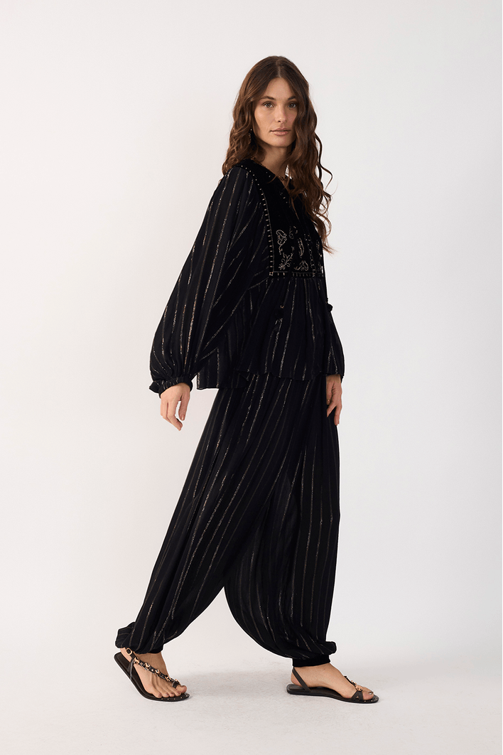 Calça Cropped Lurex Detalhe Veludo