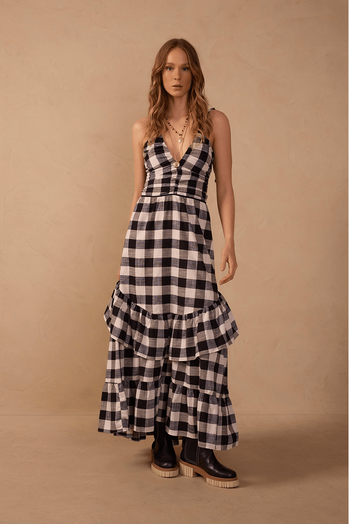 Vestido Cropped Xadrez Busto Franzido