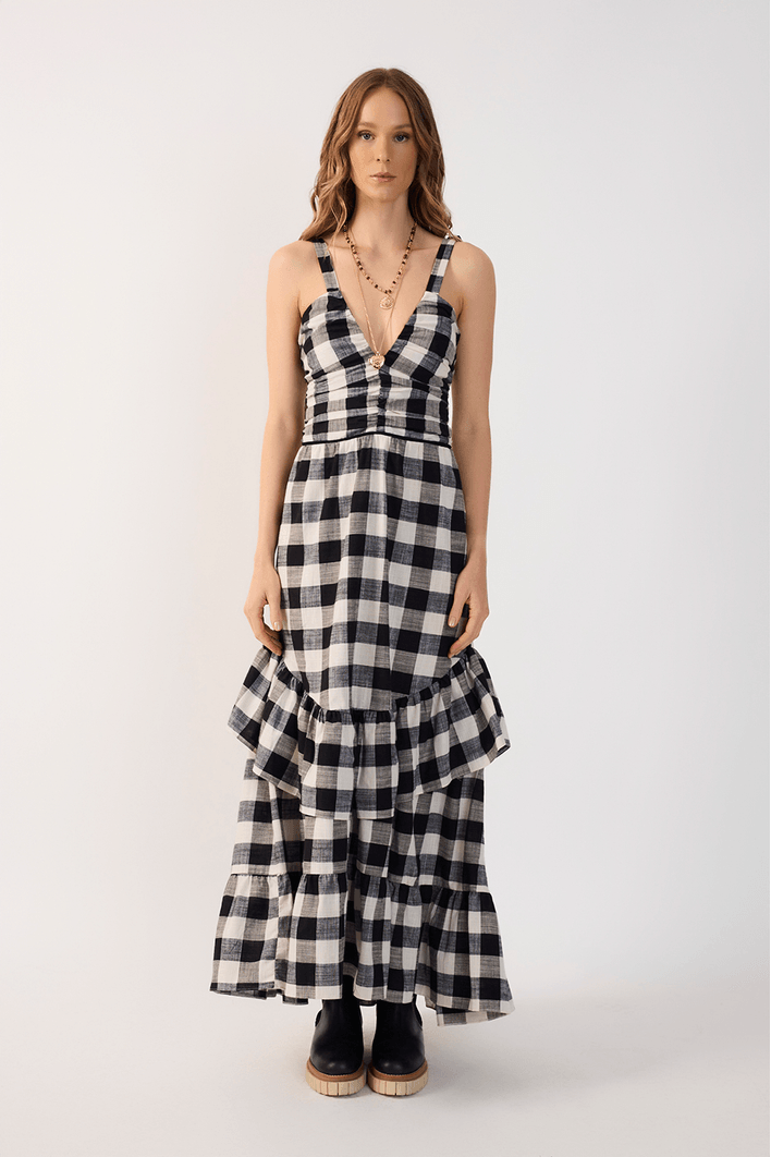 Vestido Cropped Xadrez Busto Franzido