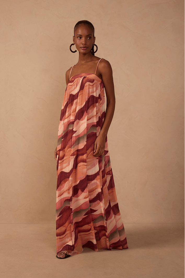 Vestido Plissado Tule Estampa Dunas