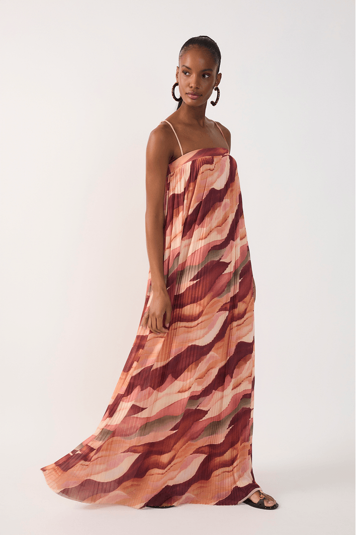 Vestido Plissado Tule Estampa Dunas