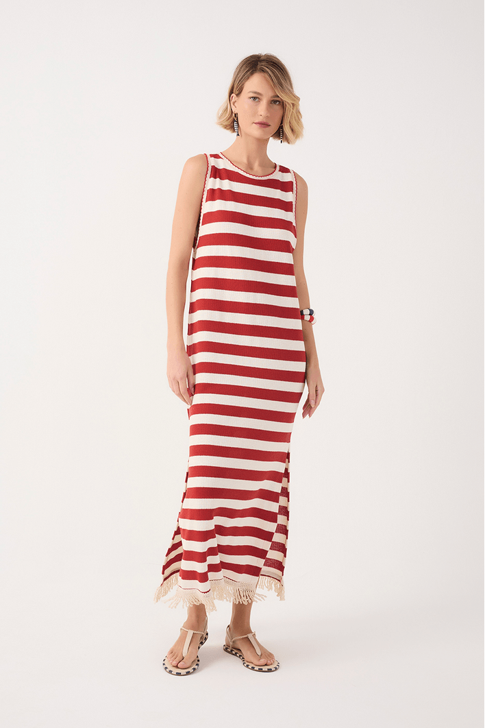 Vestido Longo Listrado Malha Tricot