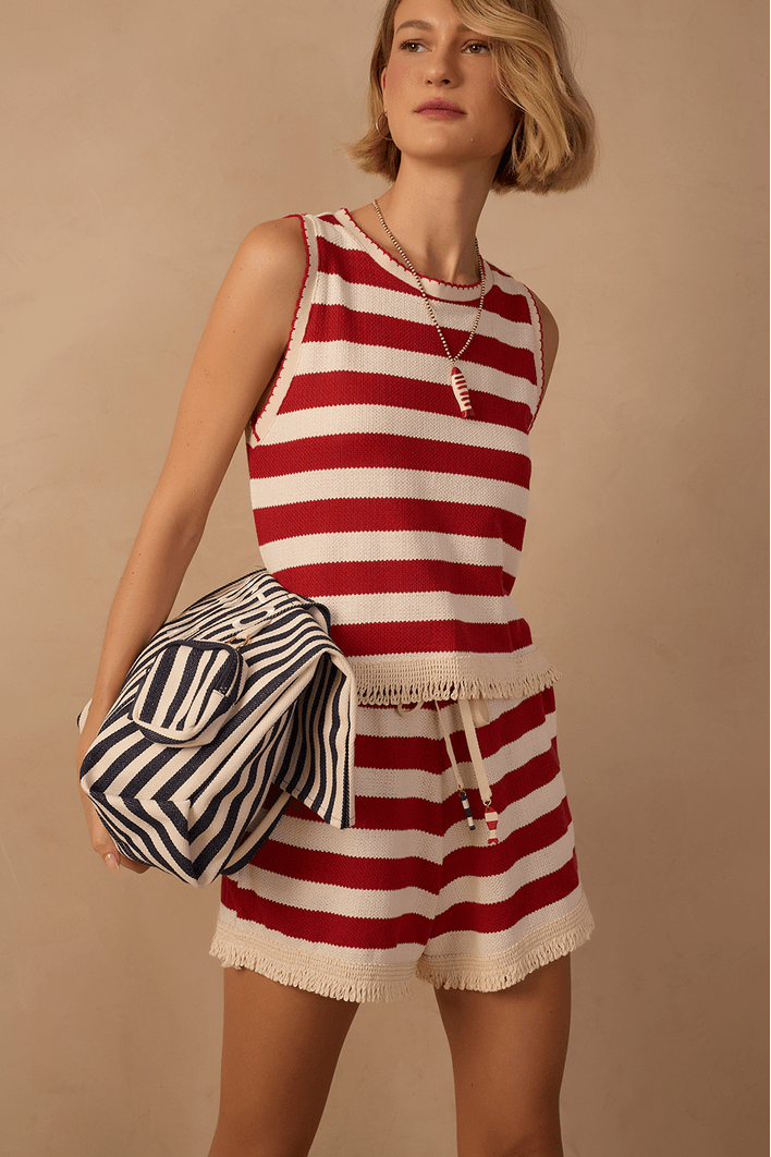 Short Listrado Malha Tricot