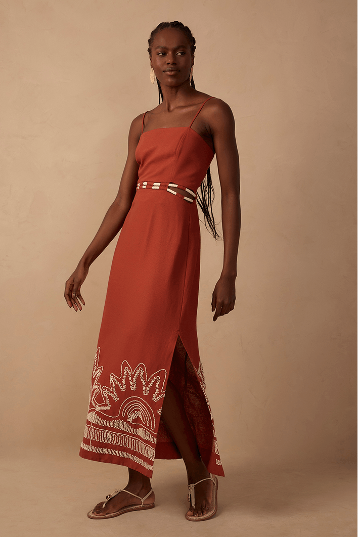 Vestido Midi Linho Bordado Cadarço