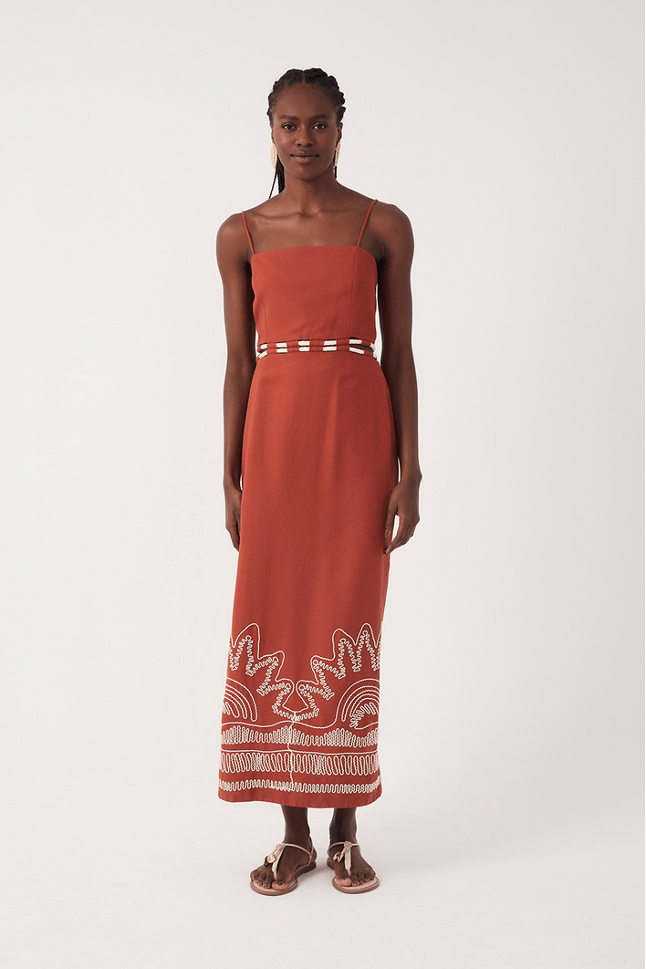 Vestido Midi Linho Bordado Cadarço