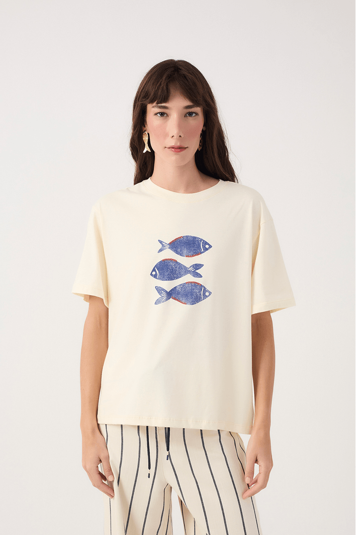 T-shirt Silk Peixe Com Bordado