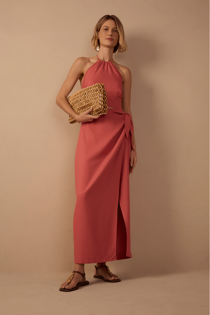 Vestido Midi Linho Decote Metal